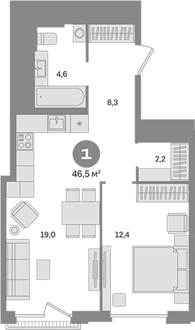 Планировка — Квартал Герцена, 1-комн., 47 м²