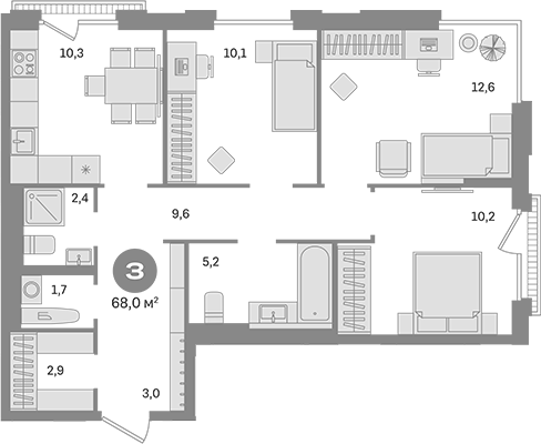 Планировка — Квартал Герцена, 3-комн., 68 м²