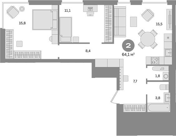 Планировка — Квартал Герцена, 2-комн., 64 м²
