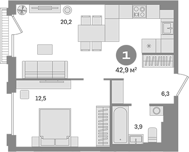 Планировка — Квартал Герцена, 1-комн., 43 м²