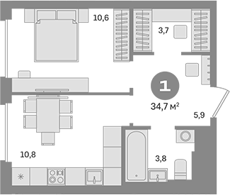Планировка — Квартал Герцена, 1-комн., 35 м²