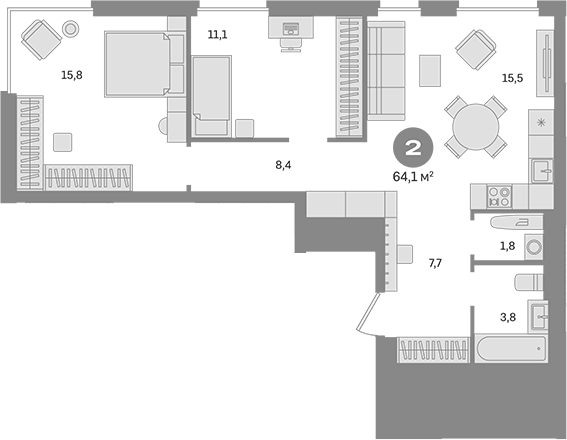 Планировка — Квартал Герцена, 2-комн., 64 м²