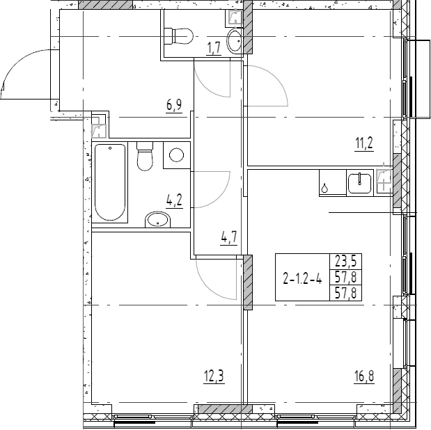Планировка — Shagal, 3-комн., 58 м²