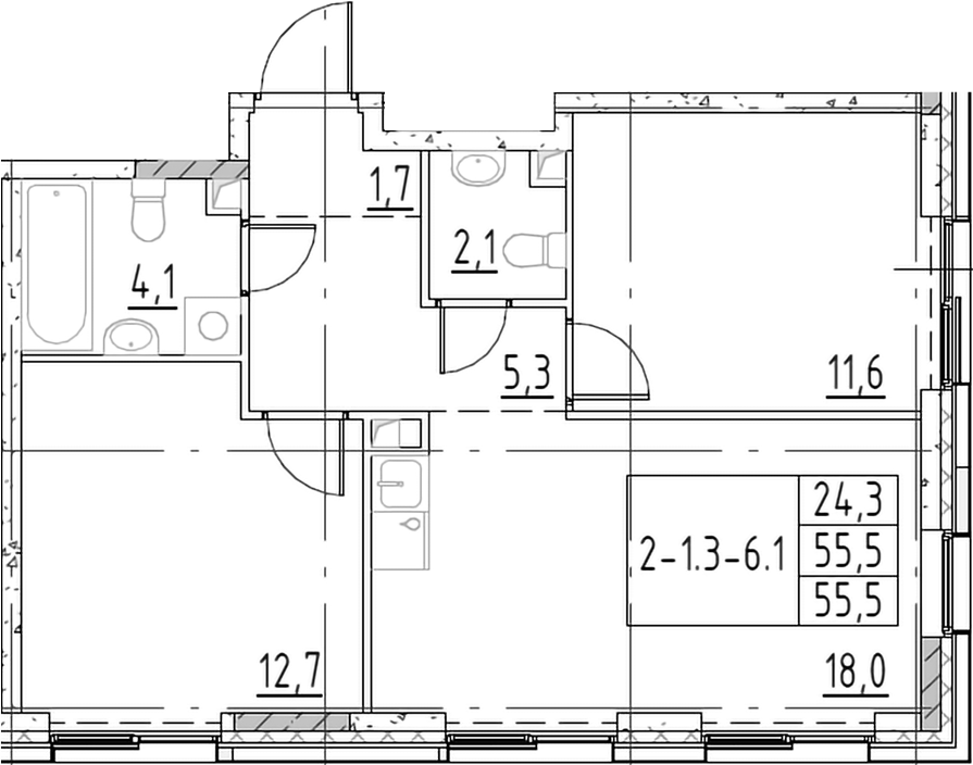 Планировка — Shagal, 3-комн., 56 м²