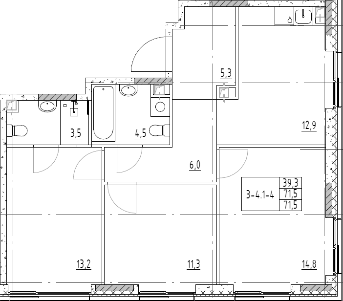 Планировка — Shagal, 3-комн., 72 м²