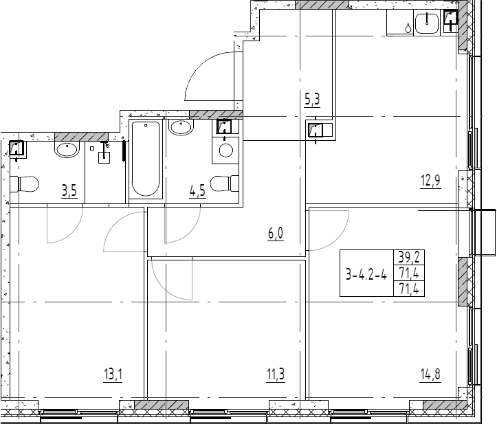 Планировка — Shagal, 3-комн., 71 м²