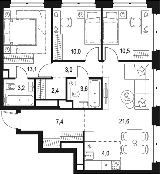 Планировка — Левел Звенигородская, 4-комн., 79 м²