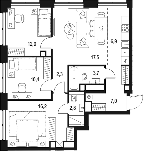Планировка — Левел Звенигородская, 4-комн., 79 м²