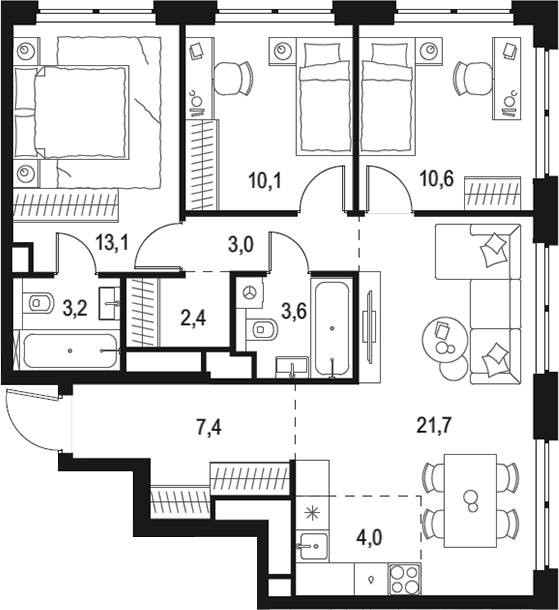 Планировка — Левел Звенигородская, 4-комн., 79 м²