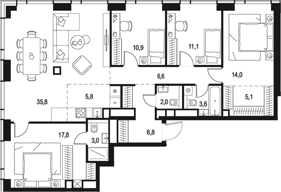 Планировка — Левел Звенигородская, 5-комн., 123 м²