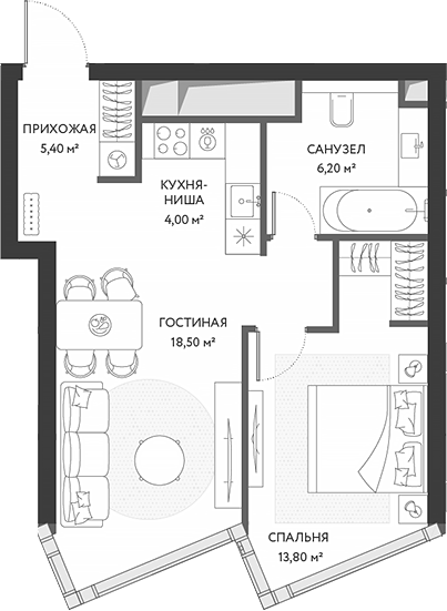 Планировка — ХАЙДАУТ, 2-комн., 48 м²