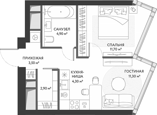 Планировка — ХАЙДАУТ, 2-комн., 39 м²