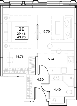 Планировка — ЭВОПАРК Измайлово, 2-комн., 44 м²