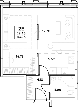 Планировка — ЭВОПАРК Измайлово, 2-комн., 43 м²