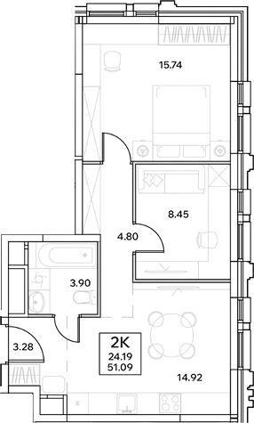 Планировка — ЭВОПАРК Измайлово, 3-комн., 51 м²
