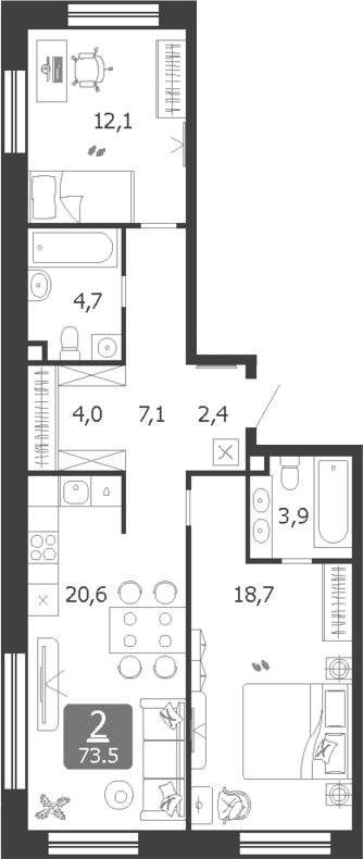 Планировка — Shagal, 3-комн., 74 м²
