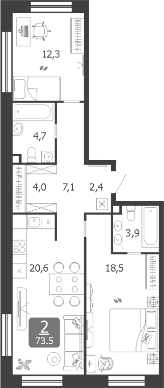Планировка — Shagal, 3-комн., 74 м²