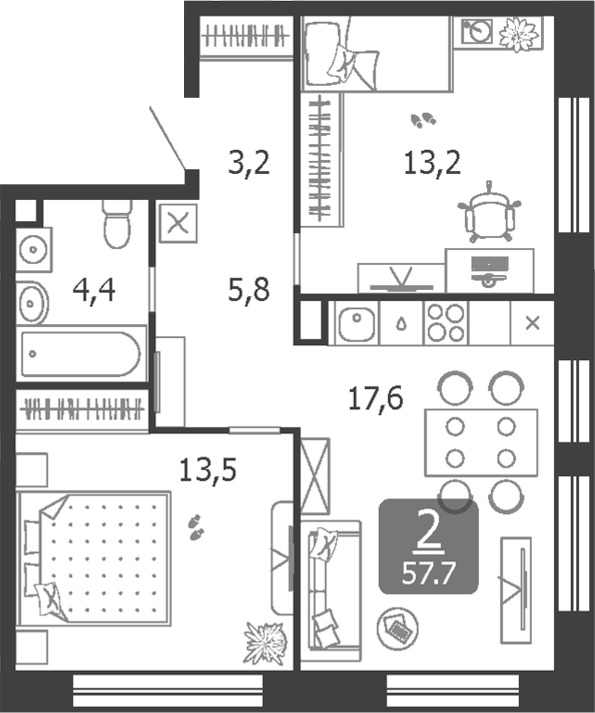 Планировка — Shagal, 3-комн., 58 м²