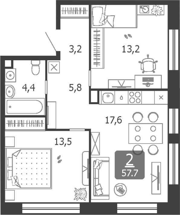 Планировка — Shagal, 3-комн., 58 м²