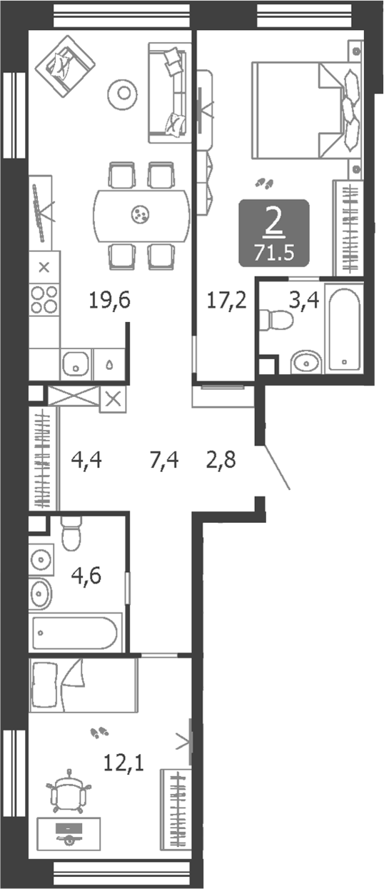 Планировка — Shagal, 3-комн., 72 м²