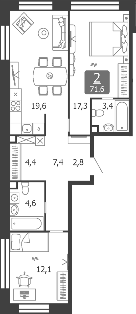 Планировка — Shagal, 3-комн., 72 м²