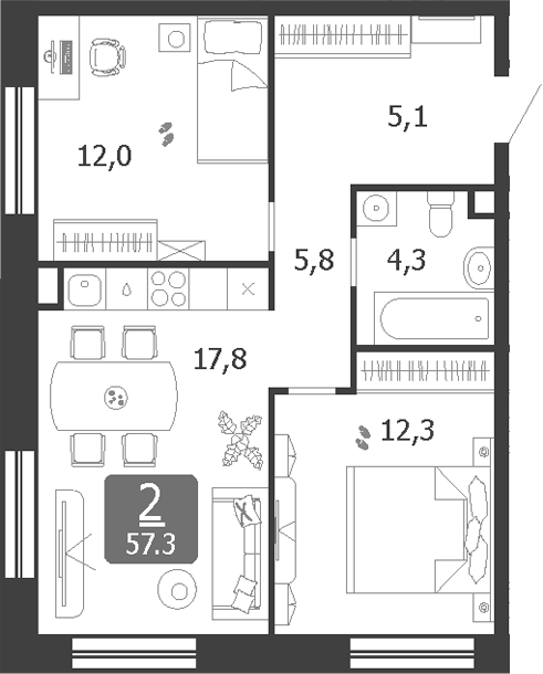 Планировка — Shagal, 3-комн., 57 м²