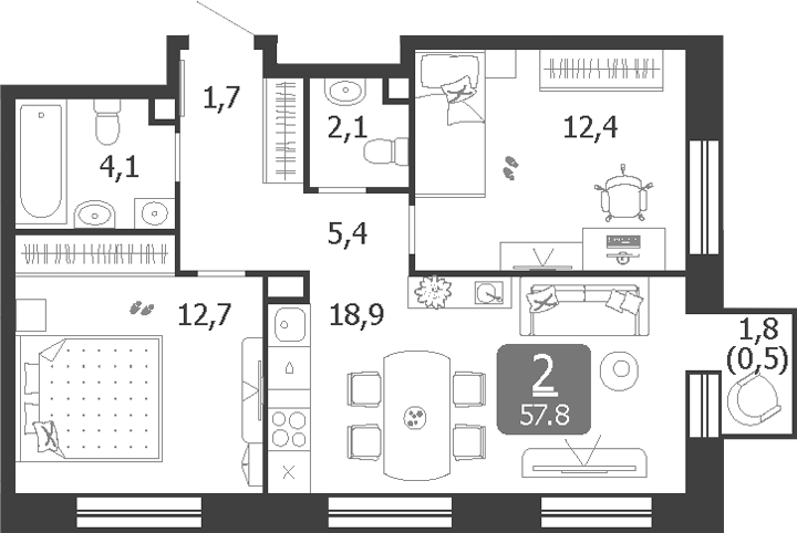 Планировка — Shagal, 3-комн., 57 м²