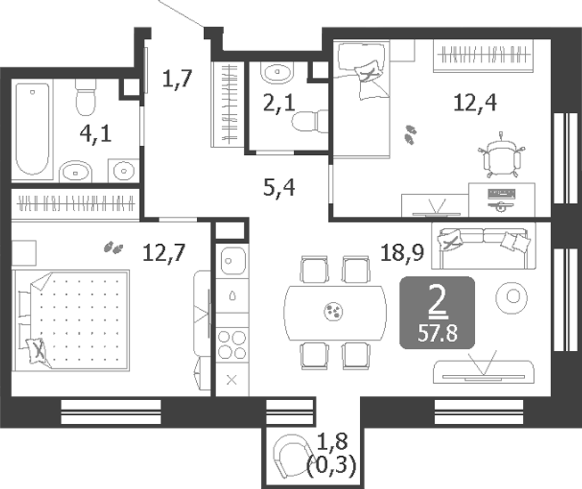Планировка — Shagal, 3-комн., 57 м²