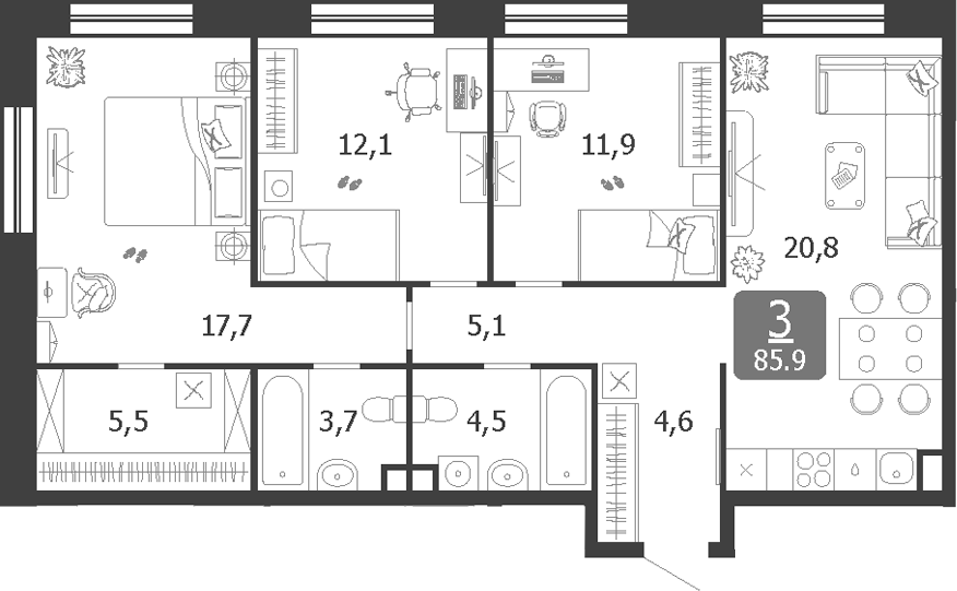 Планировка — Shagal, 4-комн., 86 м²