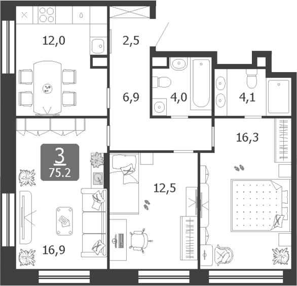 Планировка — Shagal, 3-комн., 75 м²