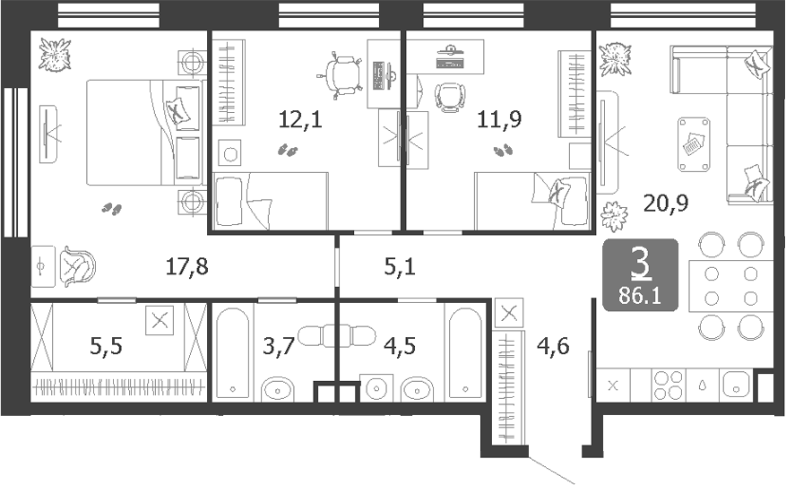 Планировка — Shagal, 4-комн., 86 м²