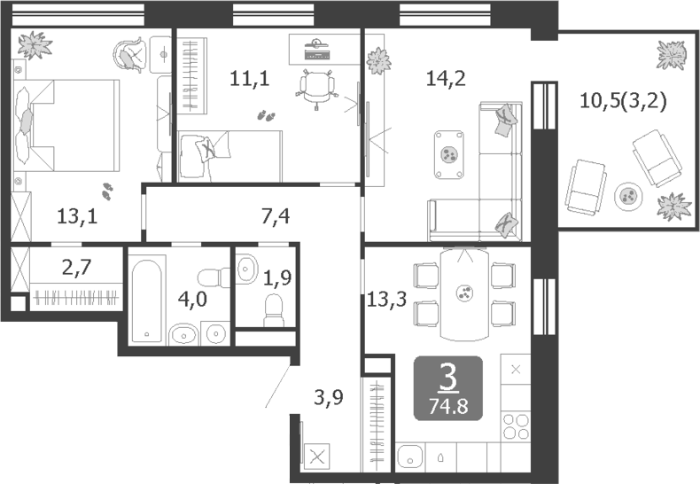 Планировка — Shagal, 3-комн., 72 м²