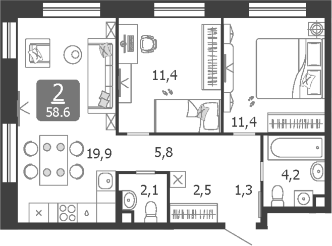 Планировка — Shagal, 3-комн., 59 м²