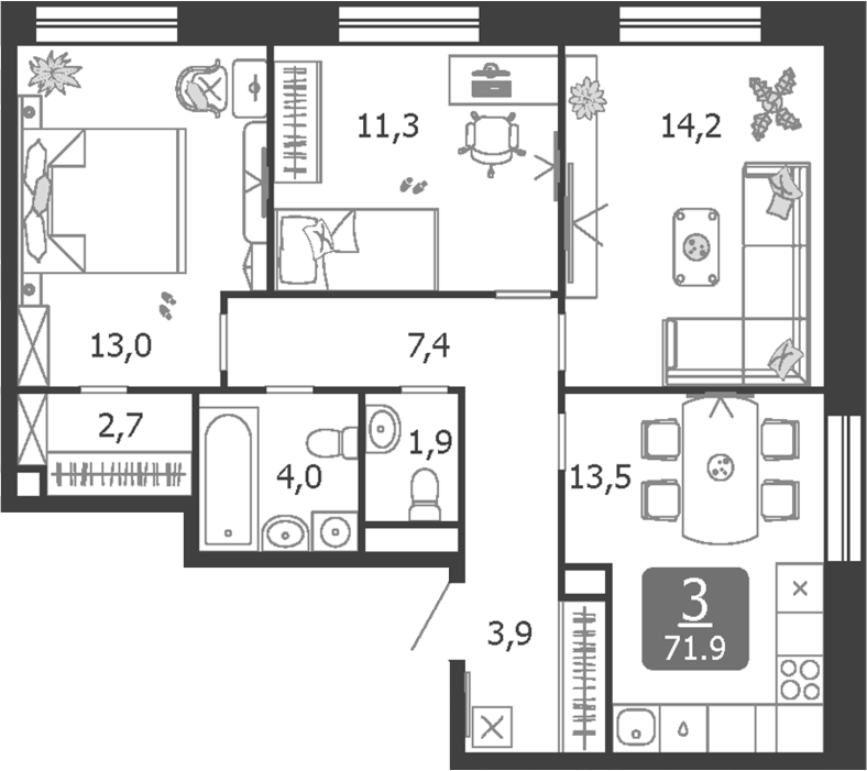Планировка — Shagal, 3-комн., 72 м²