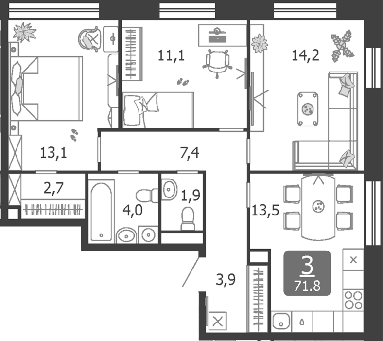 Планировка — Shagal, 3-комн., 72 м²
