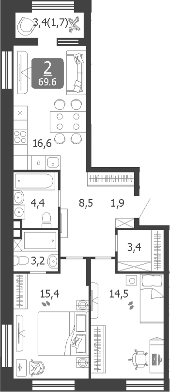 Планировка — Shagal, 3-комн., 68 м²
