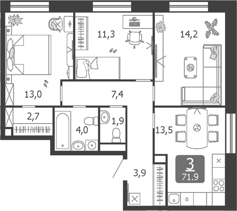 Планировка — Shagal, 3-комн., 72 м²