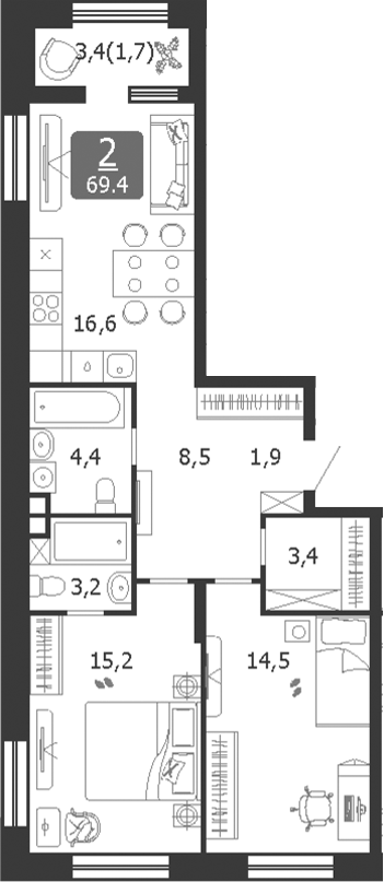 Планировка — Shagal, 3-комн., 68 м²