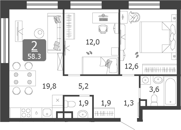 Планировка — Shagal, 3-комн., 58 м²