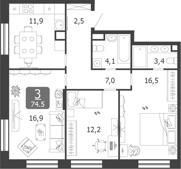 Планировка — Shagal, 3-комн., 75 м²