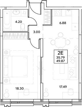Планировка — ЭВОПАРК Измайлово, 2-комн., 50 м²