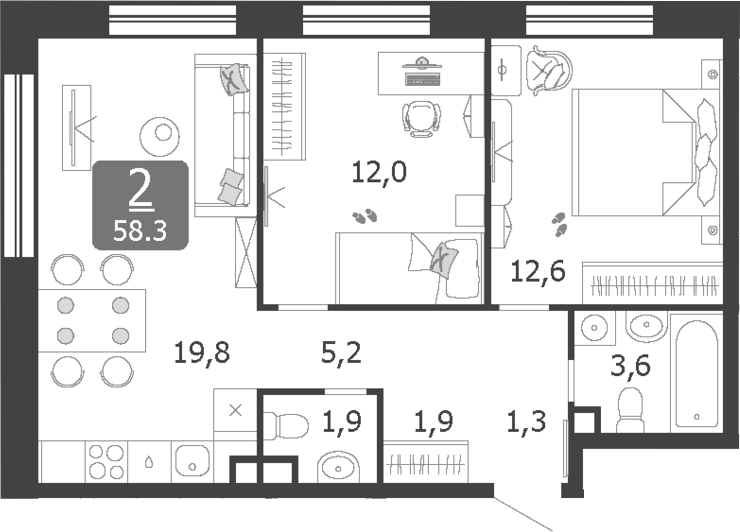 Планировка — Shagal, 3-комн., 58 м²