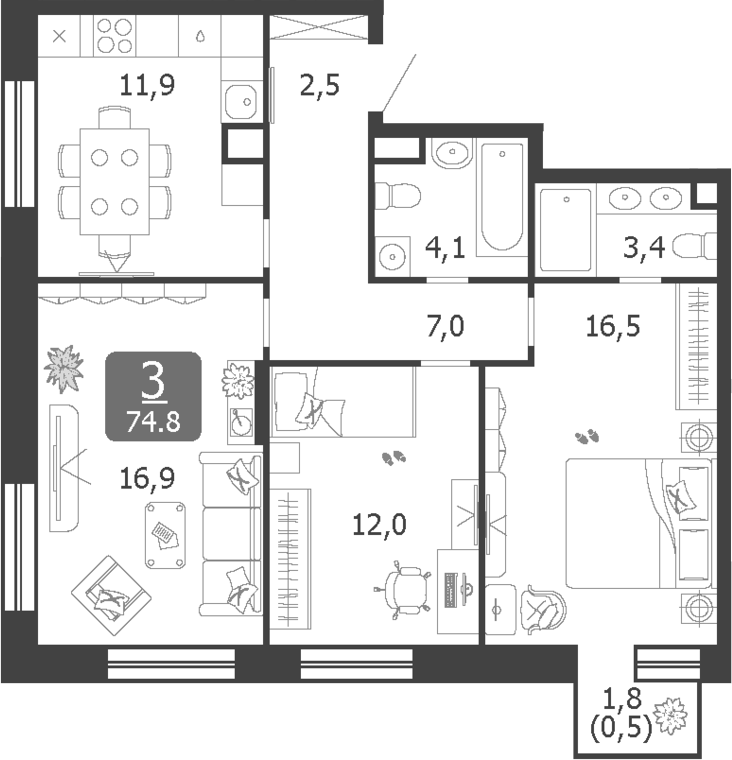 Планировка — Shagal, 3-комн., 74 м²