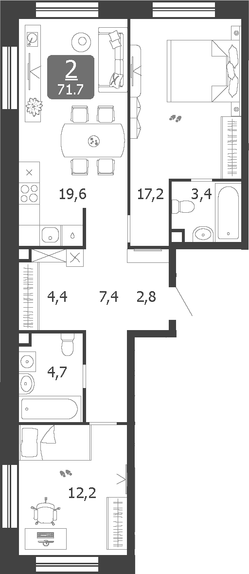 Планировка — Shagal, 3-комн., 72 м²