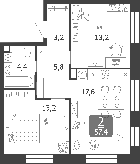 Планировка — Shagal, 3-комн., 57 м²
