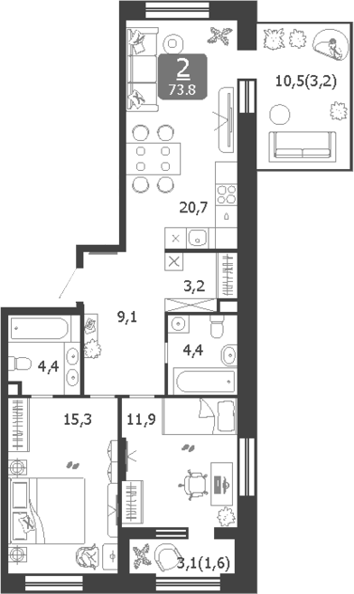 Планировка — Shagal, 3-комн., 69 м²