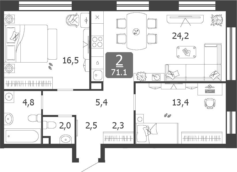 Планировка — Shagal, 3-комн., 71 м²