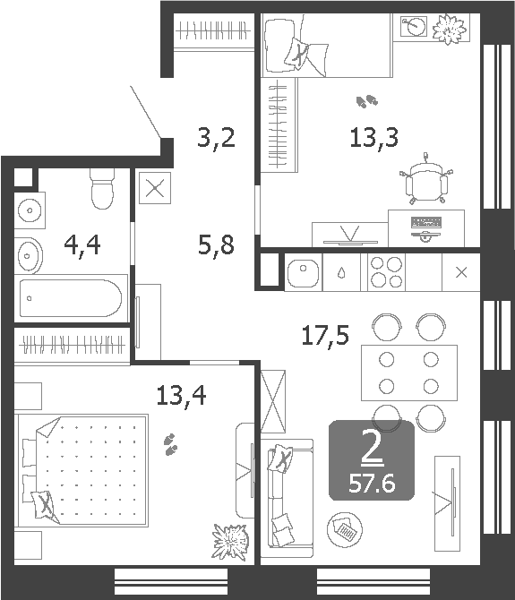Планировка — Shagal, 3-комн., 58 м²