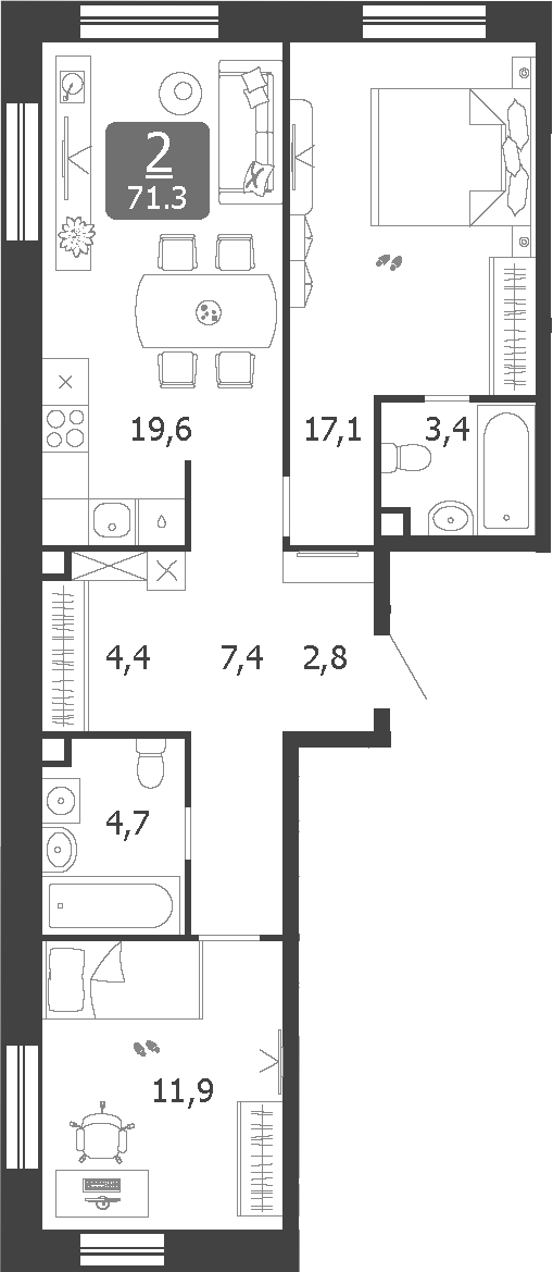 Планировка — Shagal, 3-комн., 71 м²