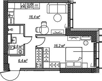Планировка — Веер, 2-комн., 43 м²